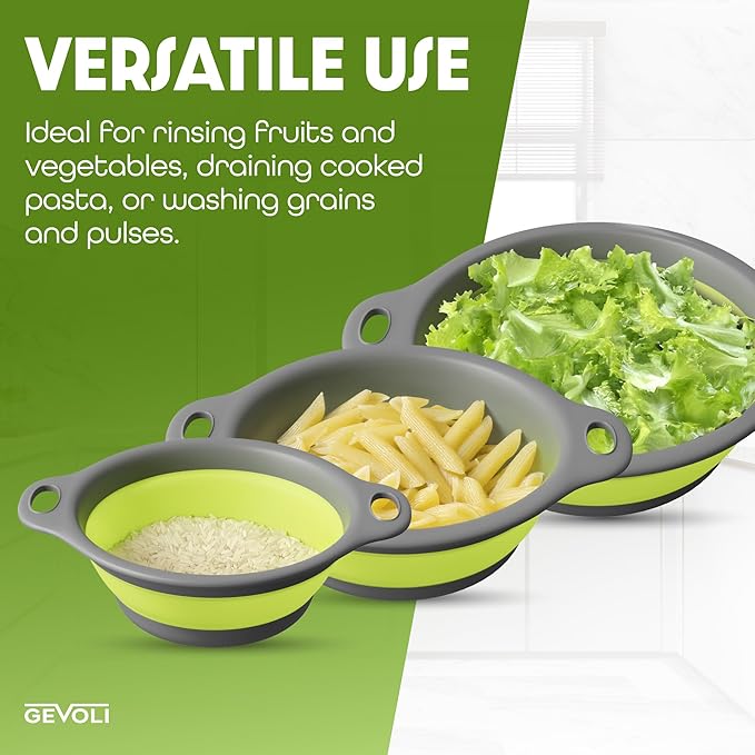 3-Pack Collapsible Colanders with Self-Draining Base, Over Sink-edge Silicone Food Strainers, Small/Med/Large Sizes, Nesting for Easy Compact Storage (3Qt, 4Qt, 5-Quart Set) Green/Gray