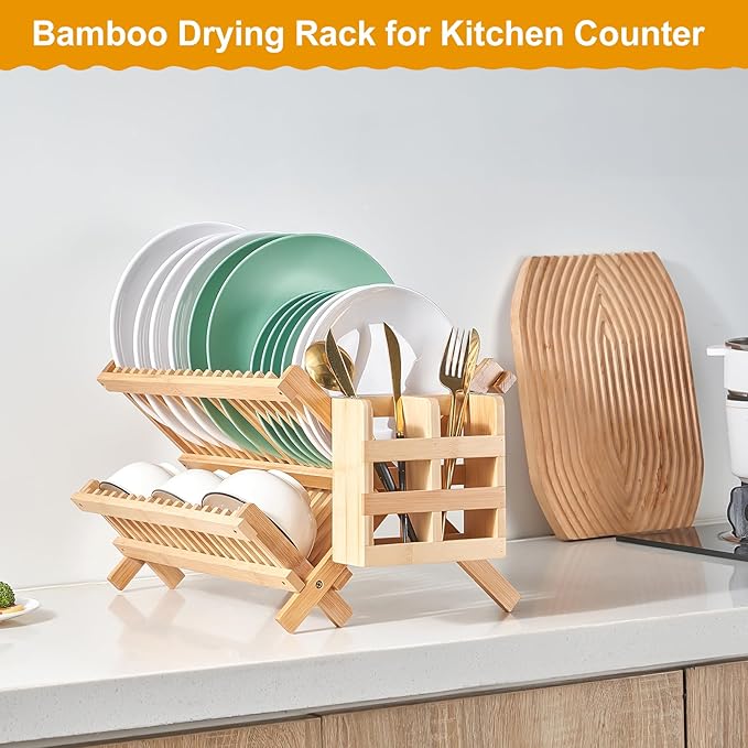 Bamboo Dish Drying Rack, 2 Tier Collapsible Dish Rack with Utensil Holder, Wooden Dish Drying Rack for Kitchen Counter, Large Folding Drying Holder, Dish Drainer 34 pcs Grid