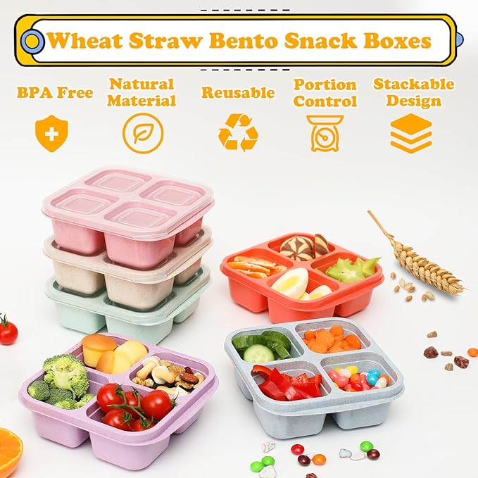 6 Pack Snack Containers, 4 Compartment Snack Box Containers Bento Box, Reusable Meal Prep Lunch Containers for Adults Kids Toddler, Divided Food Containers for Travel Work School