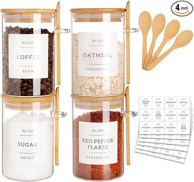CZZGSM Glass Jar with Bamboo Lid and Spoon - 4 Pcs 17 oz Sugar Container with 132 Food Pantry Labels - Glass Containers with Wooden Lids Hold Coffee, Tea, Candy
