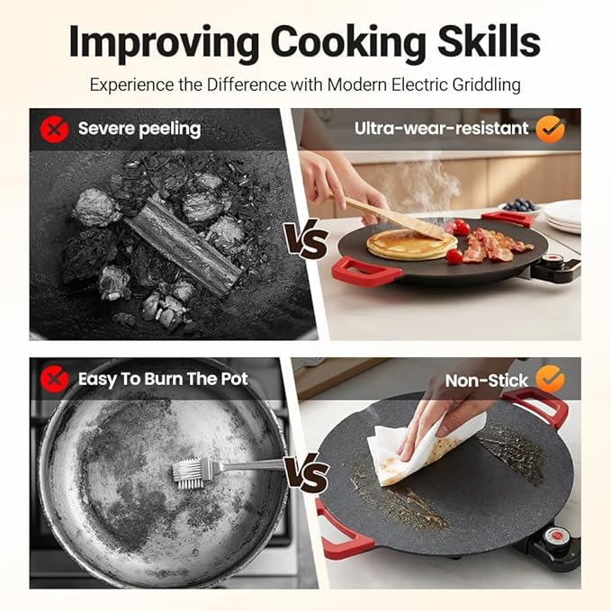 Indoor Smokeless Electric Griddle: 1000W Fast Heating Indoor Grill with 11/14/16" Nonstick Surface, Adjustable Temp Control, Easy to Clean for Steak, Pancake & BBQ (15.7in)