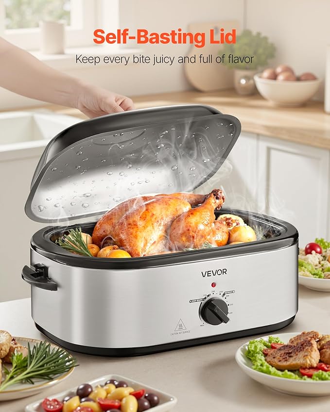 VEVOR Roaster Oven, 22QT Electric Roasting Pan, 150-450℉ Adjustable Temperature Multifunctional Electric Roaster Oven with Self-Basting Lid, Defrost & Warm Function for Holiday Meal, Fits 26lb Turkey