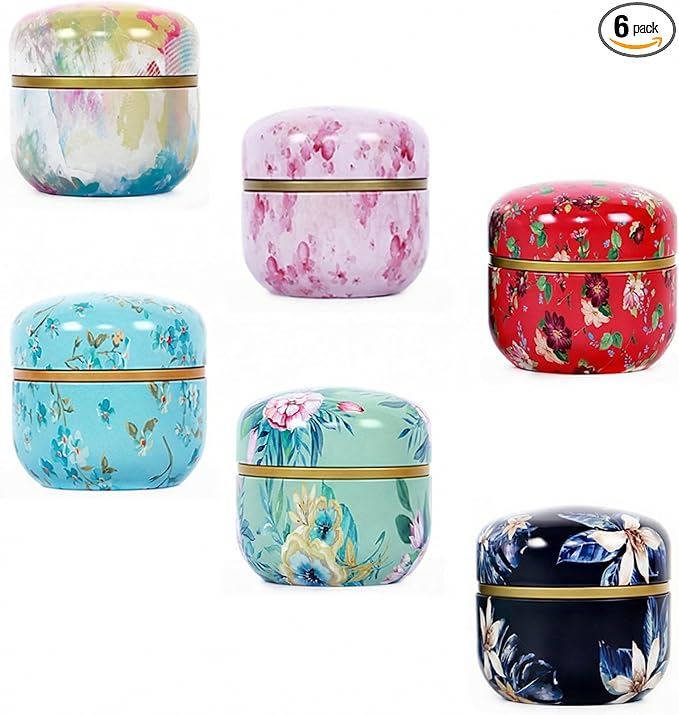 HAN SHENG 6 Pcs Airtight Tea Storage Tins 10 OZ, Vintage Style Food Containers for Loose Leaf Tea & Herbs, Coffee Beans, Spices, Sugar - Floral Embossed Design