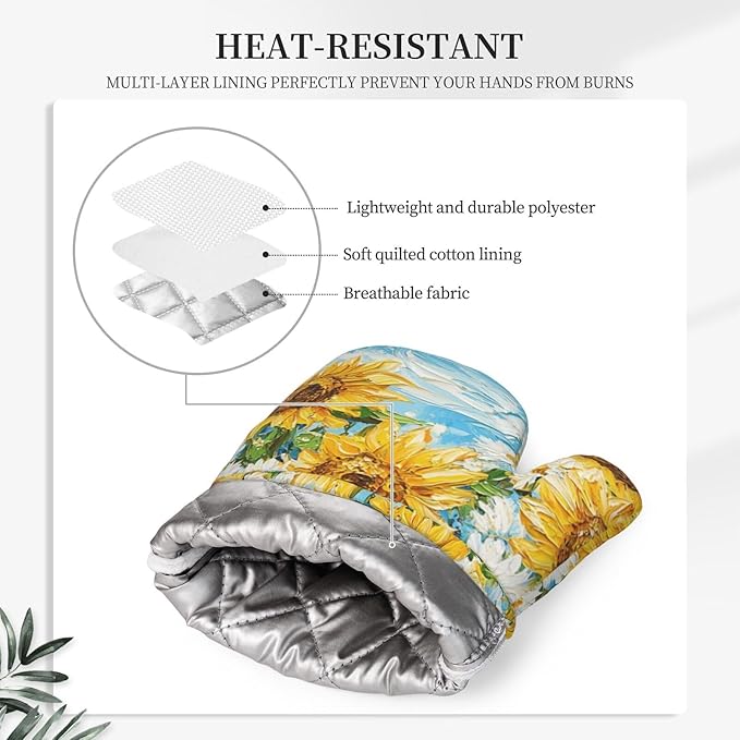 Oven Mitts and Pot Holders Sunflower Daisy Flower Art Silicone Kitchen Accessories Set of 4 Heat Resistant Long Gloves Potholder Non-Slip Grip for Chef Cooking Baking Grilling BBQ