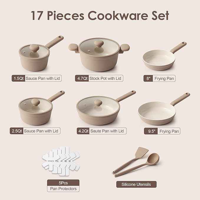 SENSARTE Ceramic Nonstick Pots and Pans Set 17pcs, Healthy Induction Cookware Set, Nontoxic Kitchen Cooking Set with Skillets & Saucepans, Stay-cool Handles, PFAS PTFE PFOA PFOS Free,Taupe