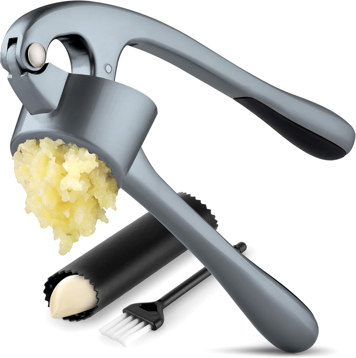 Zulay Kitchen Large Premium Garlic Press Set - Bigger Bowl for Bigger Garlic - Rust Proof & Dishwasher Safe Garlic Mincer Tool - Easy-Squeeze, Easy-Clean Silicone Garlic Peeler & Brush (Slate)