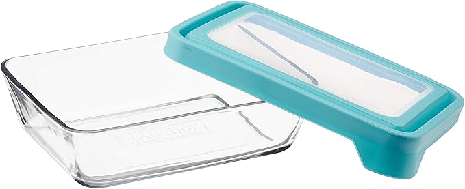 Anchor Hocking TrueSeal Glass Food Storage Containers with Mineral Blue Airtight Lids, 6 Cup Capacity (48 Oz), Rectangle, Pack of 4