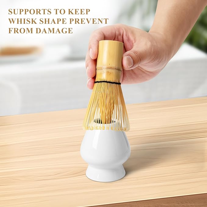 Matcha Whisk Set, Matcha Making Kit Whisk (Chasen Holder), Ceramic Whisk Holder (White), Bamboo Scoop, Powder Starter Sifter, Spoon Japanese Tea Tools For Ceremony Gift