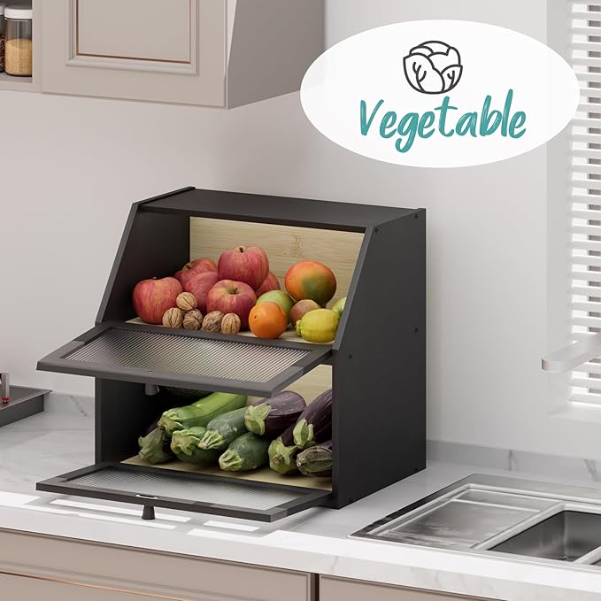Extra Large Black Bread Box for Kitchen Counter, Large Bamboo Wood Double Layer Bread Box, Wooden Bread Storage Capacity