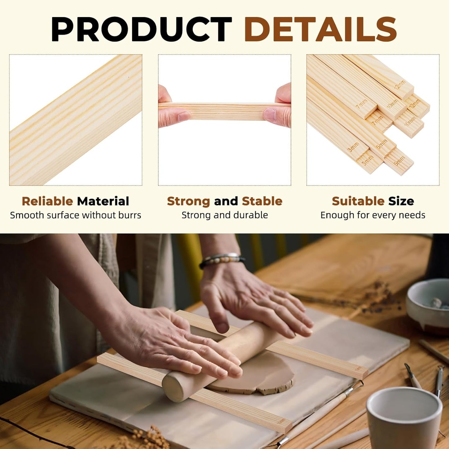Mowawa 10 Pcs Pottery Teaching Rolling Mud Stick Guide Set, 5 Size Mudboard Guide Wooden Strips, Pottery Tool Clay Tools for Precise Polymer Clay Thickness Measurement