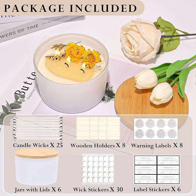CONNOO 24oz Matte White Glass Candle Jars 6 Pack, Multi-Wick Wide Mouth Empty Bulk Candle Containers for Making Candles with Airtight Bamboo Lids, Sticky Warning Labels, Wick kit- Dishwasher Safe