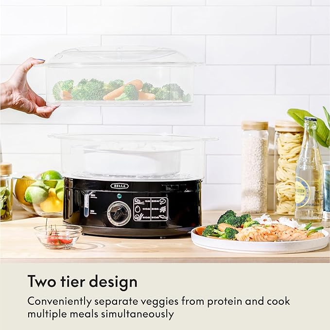 BELLA Two Tier Food Steamer with Stackable Baskets & Removable Base for Fast Simultaneous Cooking - Auto Shutoff & Boil Dry Protection, 7.4 QT, Black