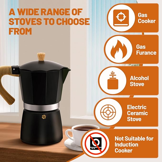 9 Cup Aluminum Espresso Stovetop Moka Pot Express Coffee Maker Percolator Italian Classic Mocha Coffee Machine for Italian and Cuban Cafe Brewing for Home & Camping 450ml 15oz