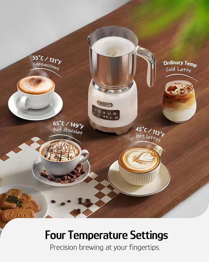 Hazel Quinn Milk Frother and Steamer, Variable Temp and Thickness, Detachable for Dishwasher Safe, 400ml / 13.5oz Milk Warm for Hot & Cold Latte, Cappuccino Hot Chocolate - Pearl White