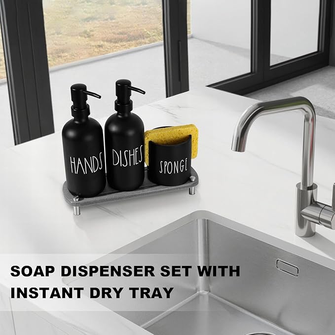 Kitchen Soap Dispenser Set, 16.9 fl oz Hand and Dish Soap Dispensers with Tray, Black Kitchen Soap Dispenser Set with Sponge Holder, Instant Dry Tray, Countertop Sink Organizer Accessories