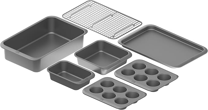 Chicago Metallic 7-Piece Nesting Bakeware Set - Carbon Steel Nonstick Baking Sheet, Loaf Pan, Muffin Pan, Cake Pan, Roaster and Cooling Rack - Space-Saving Kitchen Essentials