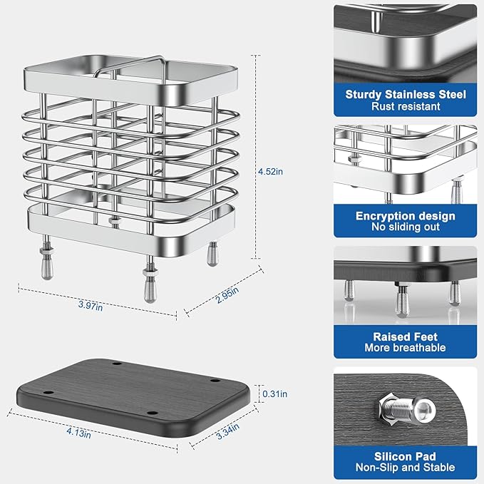 Utensil Holder for Kitchen Counter, Small Stainless Steel Cutlery Holder Organizer with Drying Diatomaceous Earth Base, 2 Slots Utensil Drying Rack Spoon Fork Organizer Crock Storage, Sliver