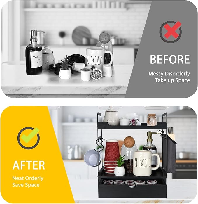 Coffee Bar Accessories and Organizer, 2-Tier Coffee Station Organizer, Wood Kitchen Countertop Organizer with Bag and Hooks, Coffee Pod Holder for Coffee Bar Decor, Syrup Snack Organizer