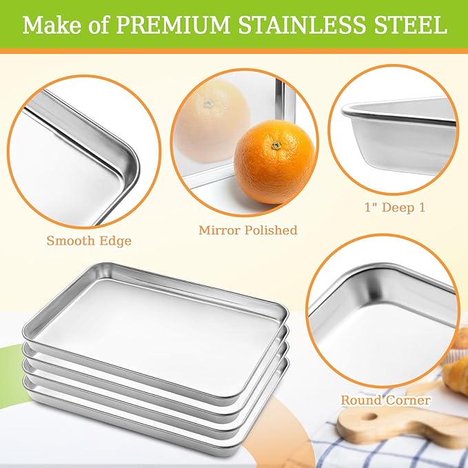 CEKEE 4 Pack Baking Pans Set, Nonstick Stainless Steel Cookie Sheets for Baking, Heavy Duty & Dishwasher Safe Sheet Pan-10x7x1in Small Cookie Pans, Cookie Pans Trays Sheets For Kitchen & Restaurant