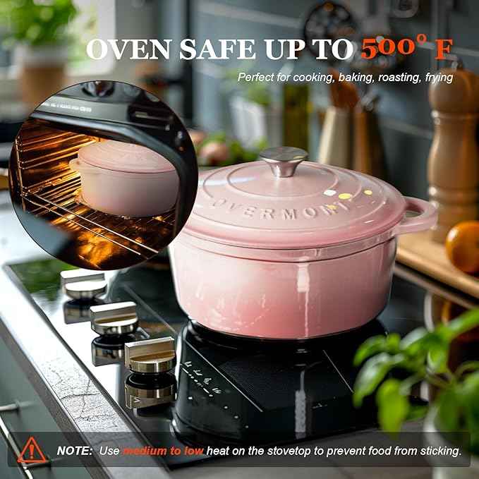 Overmont Enameled Cast Iron Dutch Oven - 5.5QT Pot with Lid Cookbook & Cotton Potholders - Heavy-Duty Cookware for Braising, Stews, Roasting, Bread Baking pink