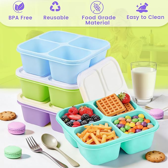 4 Pack Snack Containers Bento Box Adult Lunch Box,Meal Prep Container, Reusable Food Storage lunch Containers Stackable for Work, Travel and Gym (Blue, Green, Purple, Grass Green)