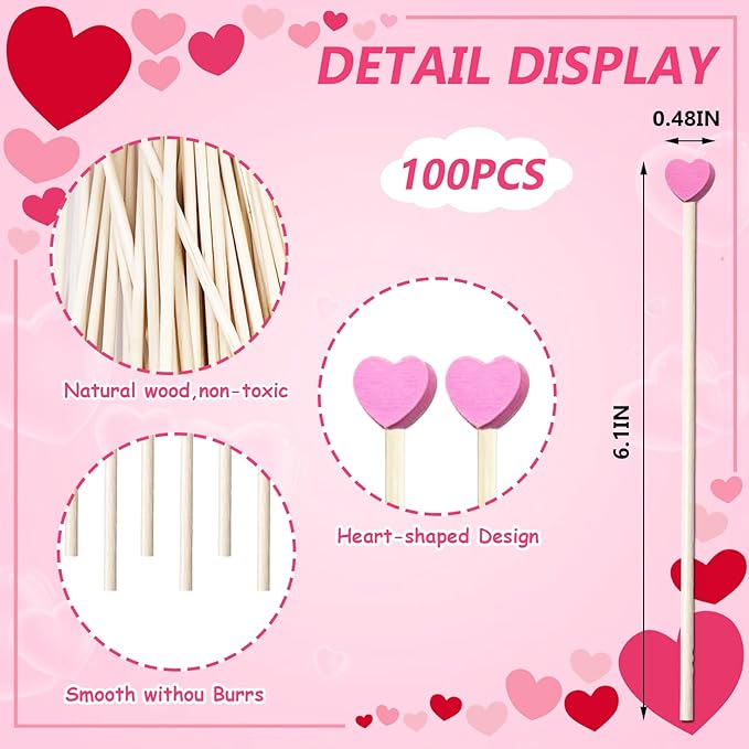 100 Pcs 6 Inch Pink Heart Shaped Valentine's Day Wooden Swizzle Sticks, Cocktail & Coffee Drink Stirrers, Rock Candy Sticks, Cake Pop Sticks, Lollipop Sticks for Anniversary, Wedding Party