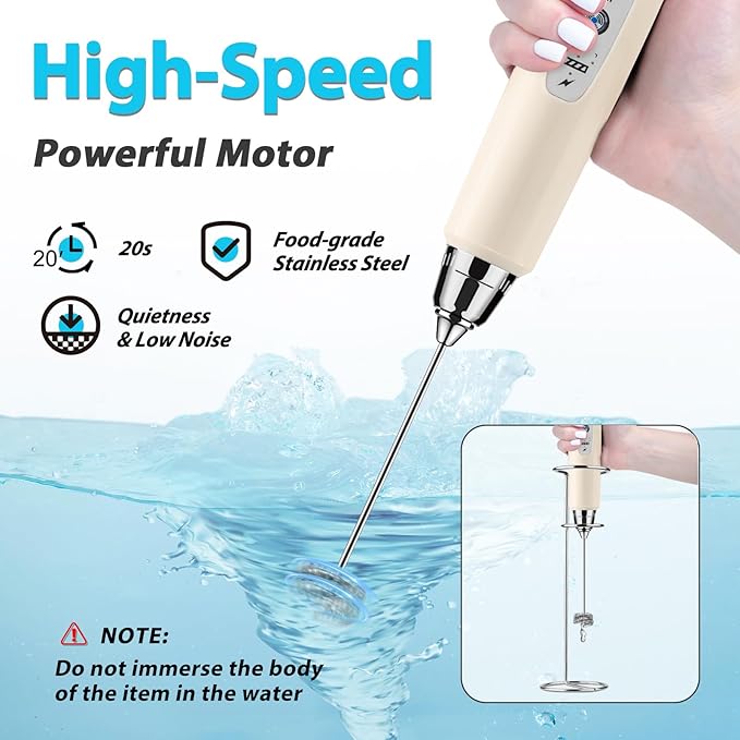 Milk Frother Rechargeable Handheld-Electric Whisk 3 Speed Adjustable, Coffee Frother Wand with 3 Stainless Whisks, Foam Maker, Drink Mixer Blender for Latte Cappuccino Matcha Egg (With Stand, Beige)