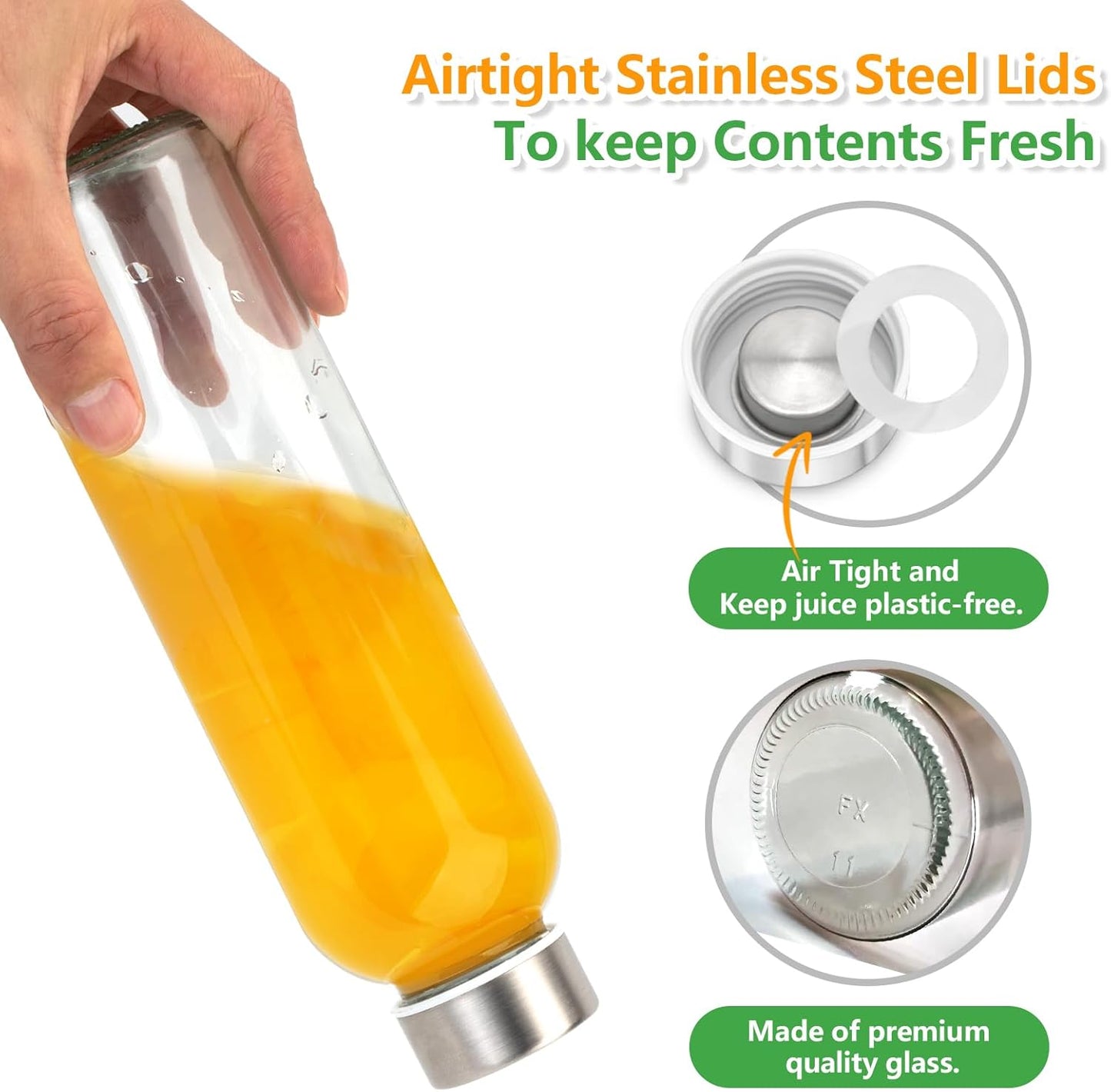 Zukro Glass Water Bottles with Lids 18 oz, 24 Pack Reusable Juice Bottles With Stainless Steel Airtight Cap for Juicing, Leak Proof Clear Drinking Jar Beverage storage container for Fridge, BPA Free