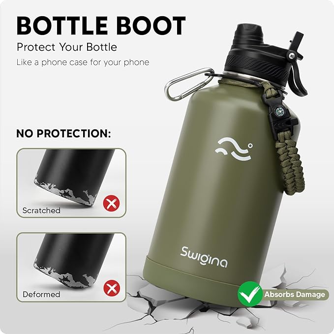 Swigina [2-IN-1 LID] 64 oz Insulated Water Bottle with Silicone Boot (48hrs Cold/24hrs Hot) - DIY Stickers, Leakproof, BPA Free, Half Gallon