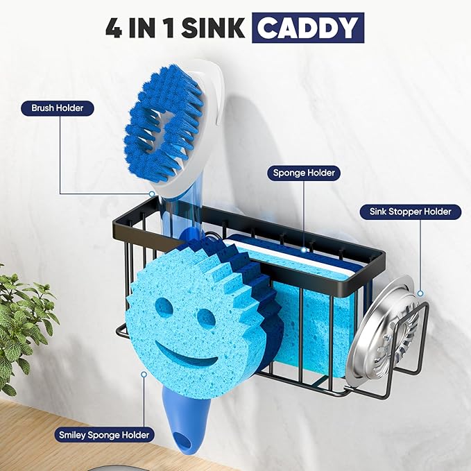 Sponge Holder for Kitchen Sink,Sink Caddy Smiley Face,4-in-1 Sponge Holder with Suction Cups & 1 PCS Adhesive Strips for Holding Soap,Brush,Scrubber,Sponge,Stopper-Black