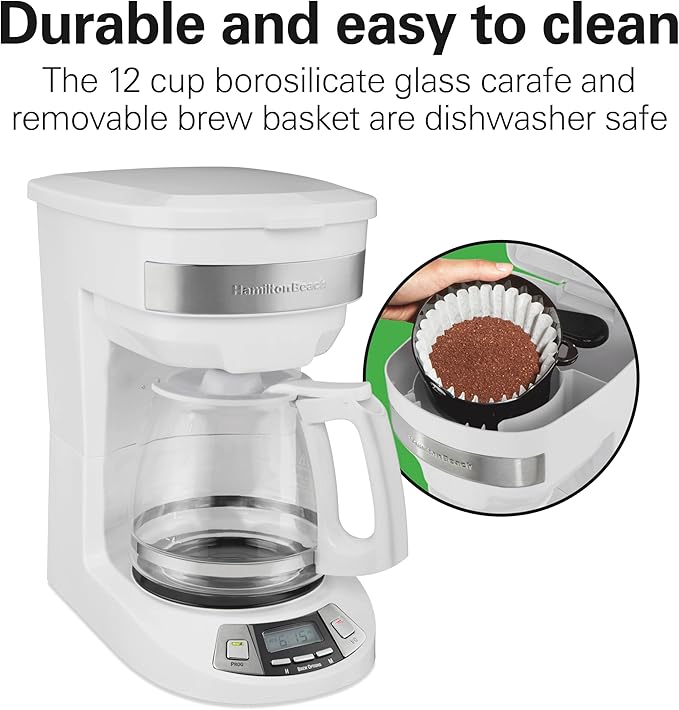 Hamilton Beach 12 Cup Programmable Drip Coffee Maker Machine, Regular & Bold Brew Options, Auto Pause and Pour, Glass Carafe, White (46294J)