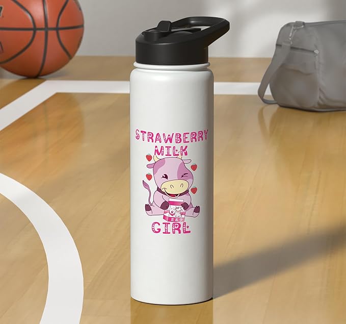 Strawberry Milk Girl Japanese Strawberry Shake Cute Pink Cow Stainless Steel Insulated Water Bottle