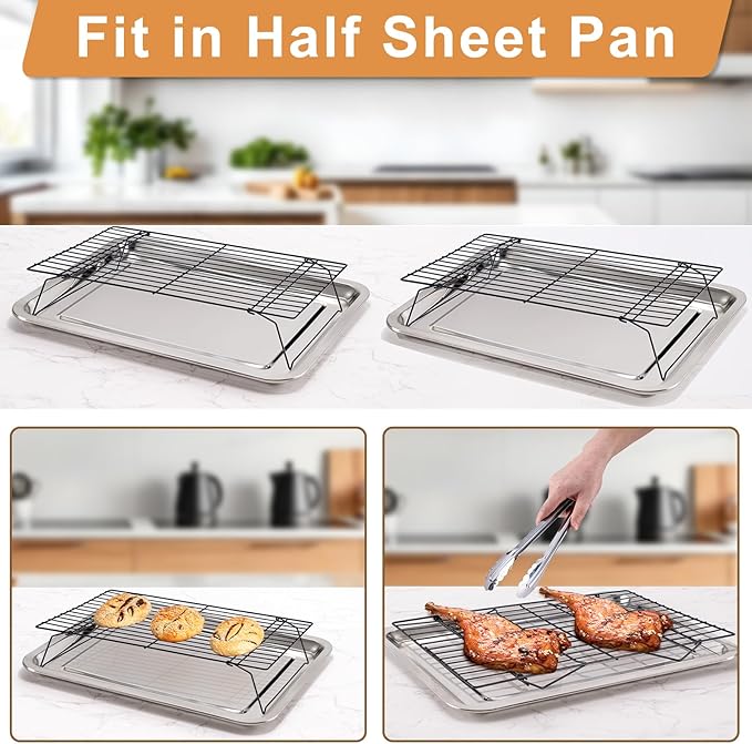 Cooling Rack for Baking 3 Tiers, 16" x 10" Cookie Cooling Wire Rack Stackable Collapsible Nonstick, Stainless Steel Baking Cooking Cooling Racks with Optimum Air Flow, Black