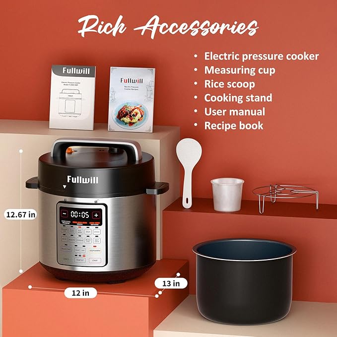 Fullwill 6QT Electric Pressure Cooker, 9-in-1 Multi-Use Programmable Pressure Cooker with Slow Cook, Rice Cook, Steamer, Sauté, Yogurt Maker, Food Warmer, 12+ Safety Features & Ceramic Non-Stick Pot