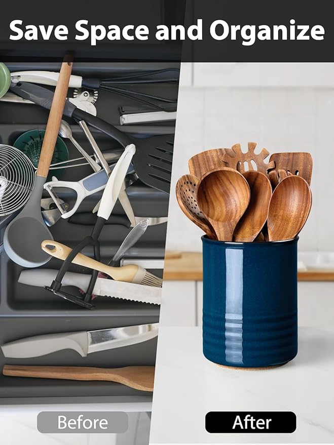 Utensil Holder, 6.7" Ceramic Kitchen Utensil Crock for Countertop Cooking, Modern Utensil Caddy Jar Organizer for Farmhouse Kitchen Counter Décor, Flambe Blue