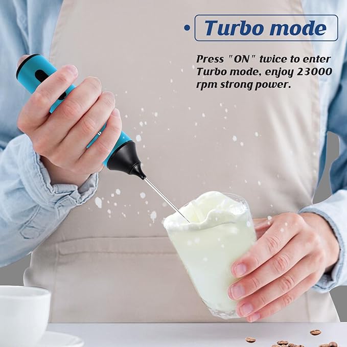 FoodVille MF05 Rechargeable Milk Frother USB Charging Handheld Foam Maker with Stainless Balloon Whisk for Cappuccino, Latte, Bulletproof Coffee, Keto Diet, Protein Powder, Matcha (Azure Blue)