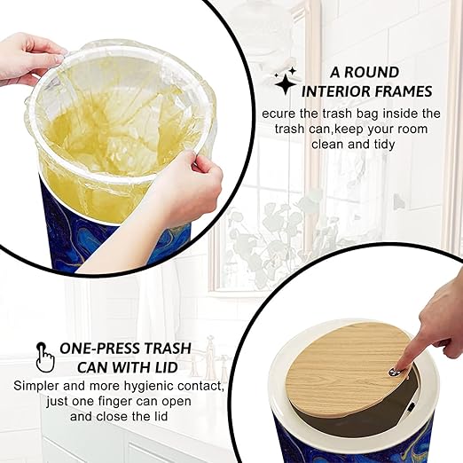 Trash Can with Lid Hand painted mixed liquid blue golden paints Abstract fluid acrylic Press Top Round Small Garbage Bin with Wooden Legs Waste Basket for Kitchen Bedroom Nursery 7L/1.8 Gallon