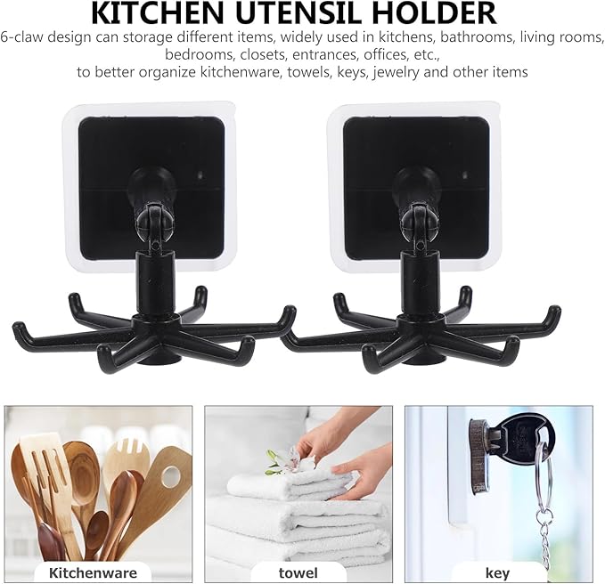 Cabilock 4pcs Rotatable Multi-Purpose Kitchen Utensil Hooks, 360° Folding No-Trace Adhesive Hooks, Black Hanging Soup Ladle and Spatula Storage Holder for Kitchen Organization
