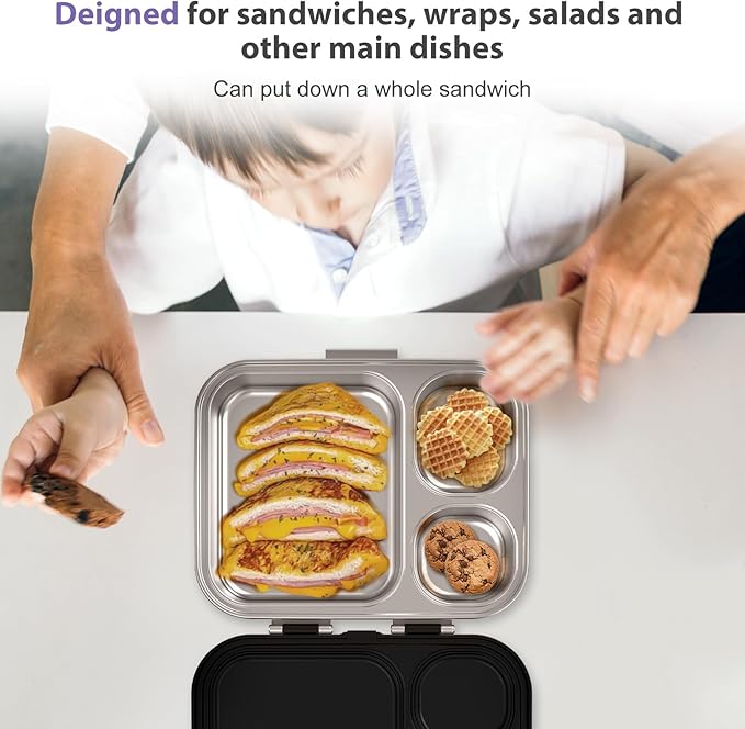 Howeemo Stainless Steel Bento Box Kids, Leak Proof Metal Bento Lunch Box,3 Compartments 304 Stainless Steel Bento Lunch Containers for School and Office, BPA-Free(Black)