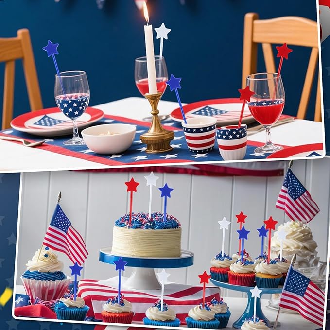 Jansun 36 Pcs 4th of July Patriotic Cocktail Stirrers, Red White and Blue Drink Stirrers Plastic Swizzle Sticks Reusable Coffee Stirrers Stir Sticks for Fourth of July Independence Day Party Supplies
