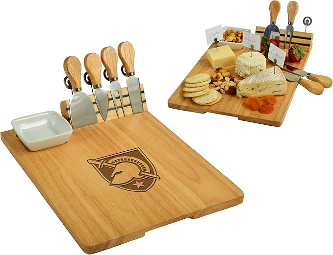 Picnic at Ascot NCAA Army Academy Officially Licensed Black Knights Bamboo Cheese/Charcuterie Board with Ceramic Bowl, Knife Set & cheese Markers