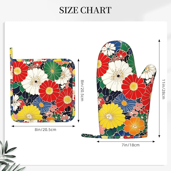 Oven Mitts and Pot Holders Flower Ethnic Art Pattern Silicone Kitchen Accessories Set of 4 Heat Resistant Long Gloves Potholder Non-Slip Grip for Chef Cooking Baking Grilling BBQ