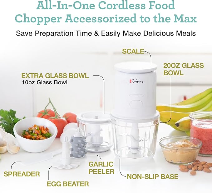 Euro Cuisine RFCX12 Cordless Rechargeable Food Chopper Garlic Peeler with Built In Digital Scale, 2 Bowls, 2 Blades, electric mini garlic chopper Mini Food Grinder Chopper Blender Electric