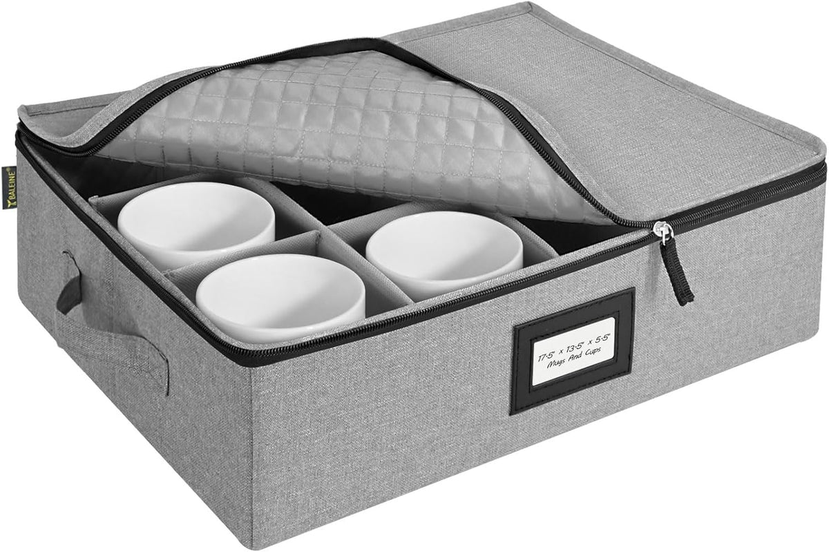 BALEINE China Storage Containers, Sturdy Quilted Wine Glass Storage, Plate Organizer with Carry Handles, Moving Boxes for Dishes, Cups, Mugs and Stemware (Mug, Hard Shell Grey)