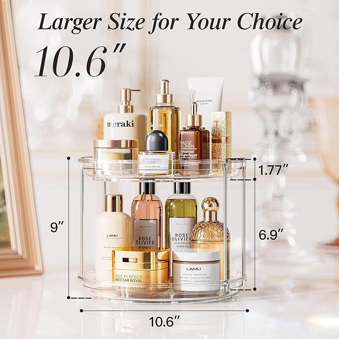 LAMU Rotating Makeup Organizer for Vanity, 10.6in 2 Tier Lazy Susan Turntable Stackable Spinning Skincare Organizer Cosmetic Perfume Tray Display for Bathroom Counterop, Large Capacity, Clear