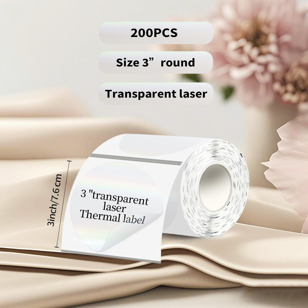 3''Transparent Laser Thermal Label,Round Self-Adhesive Direct Thermal Label,Thermal Stickers for DIY Logo Design,Name Tag(200/Roll