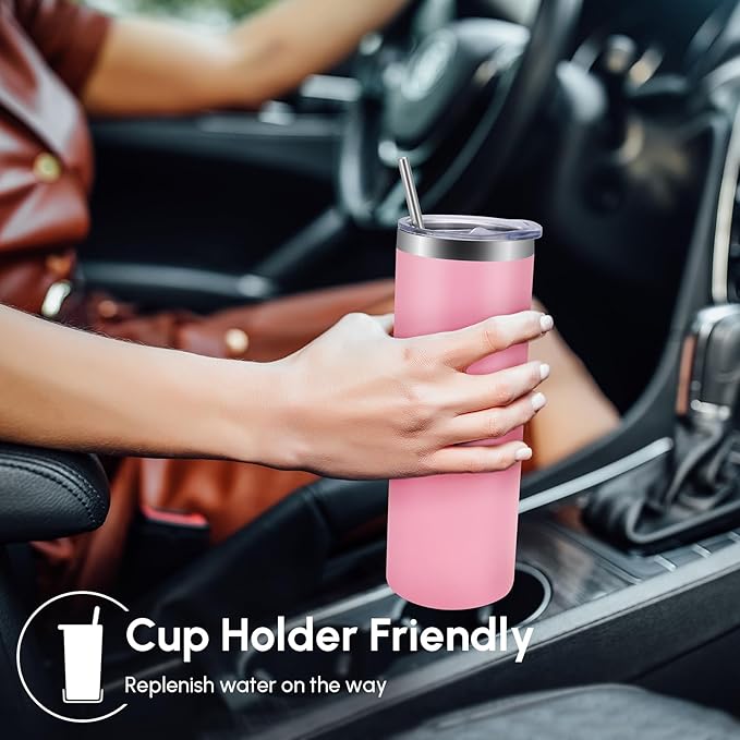 Volhoply 8 Pack Skinny Tumblers with Lid and Straw, 20oz Stainless Steel Straight Tumbler Bulk, Vacuum Insulated Coffee Mug for Home, Office, Travel, DIY (Pink,8 Pack)