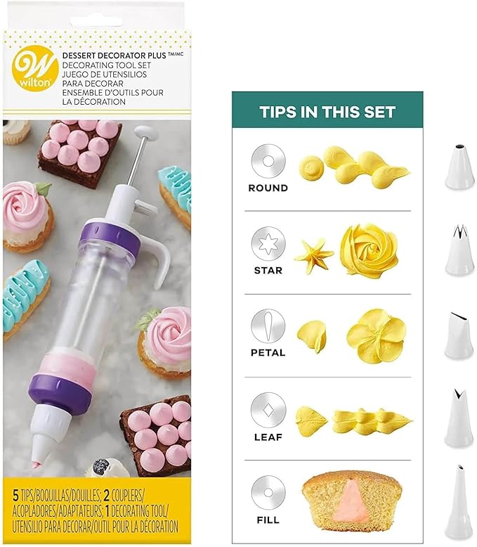 Wilton Dessert Decorator Plus - Cake Decorator Kit - Includes a Plunger-Style Tool, 2 Couplers, 1 Fill Tip & 4 Decorating Tips - Easy to Use