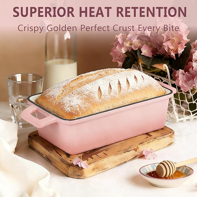 Wildone Enameled Cast Iron Bread Loaf Pan with Lid, 9x5 Sourdough Baking Pans for Homemade Bread, Cake, Meatloaf, Even Heating Bread Pans, 2-Piece Set, Pink