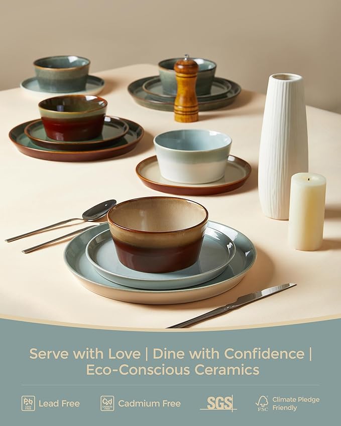 Pokini Dinnerware Sets for 8, Ceramic Plates and Bowls Set, Modern Artisan Dish Set, Microwave & Dishwasher Safe Dishware Set, Chip & Scratch Resistant Dinner Sets, Gradient Green